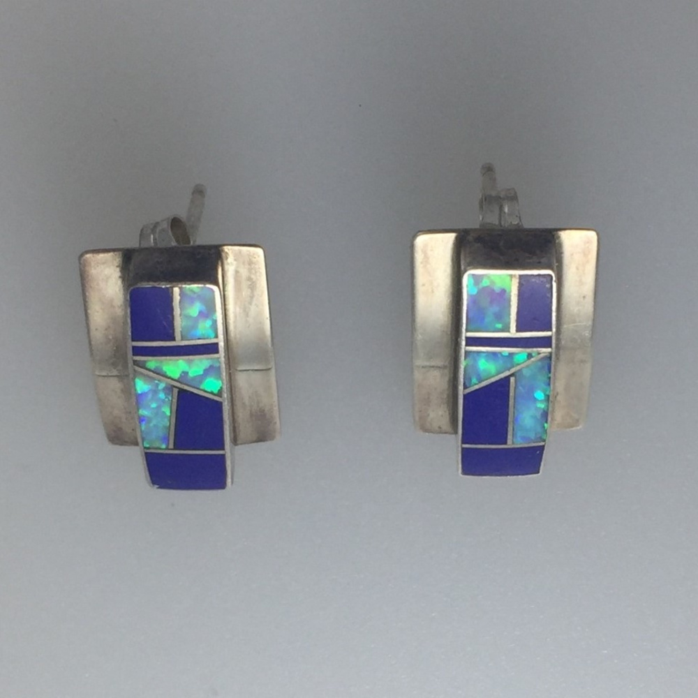 SOLD **    Sterling Silver Opal and Lapis Earrings